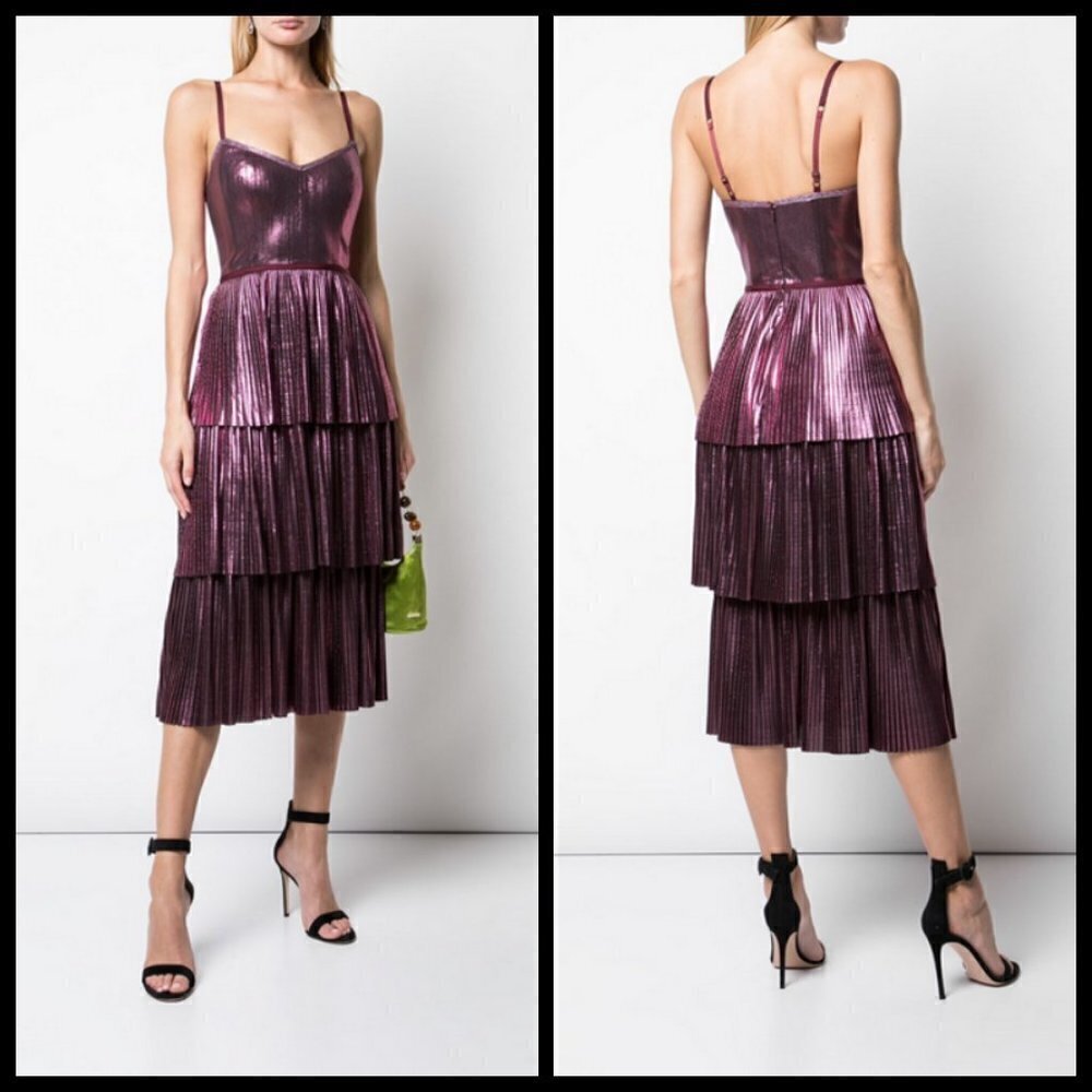 💕MARCHESA NOTTE💕 Lame Pleated Tiered Midi Length Cocktail Dress Lilac Purple 0